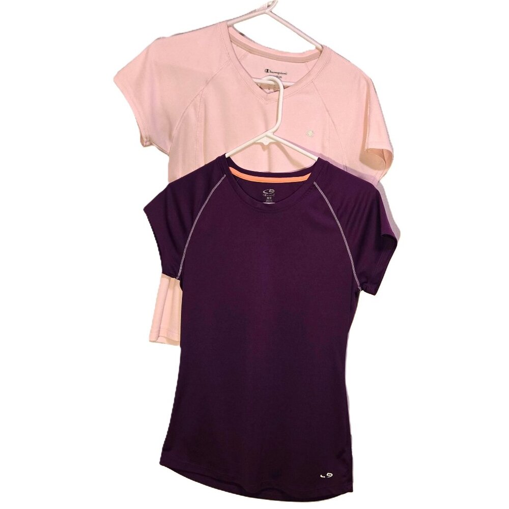 Lot of 2 CHAMPION Activewear Workout Short Sleeve Shirts Burgundy Purple & Pink